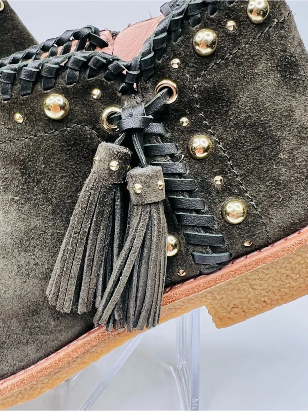 Kate Spade Bowie Tassel Olive Green Suede Side Zip Studded Ankle Booties Women 7
